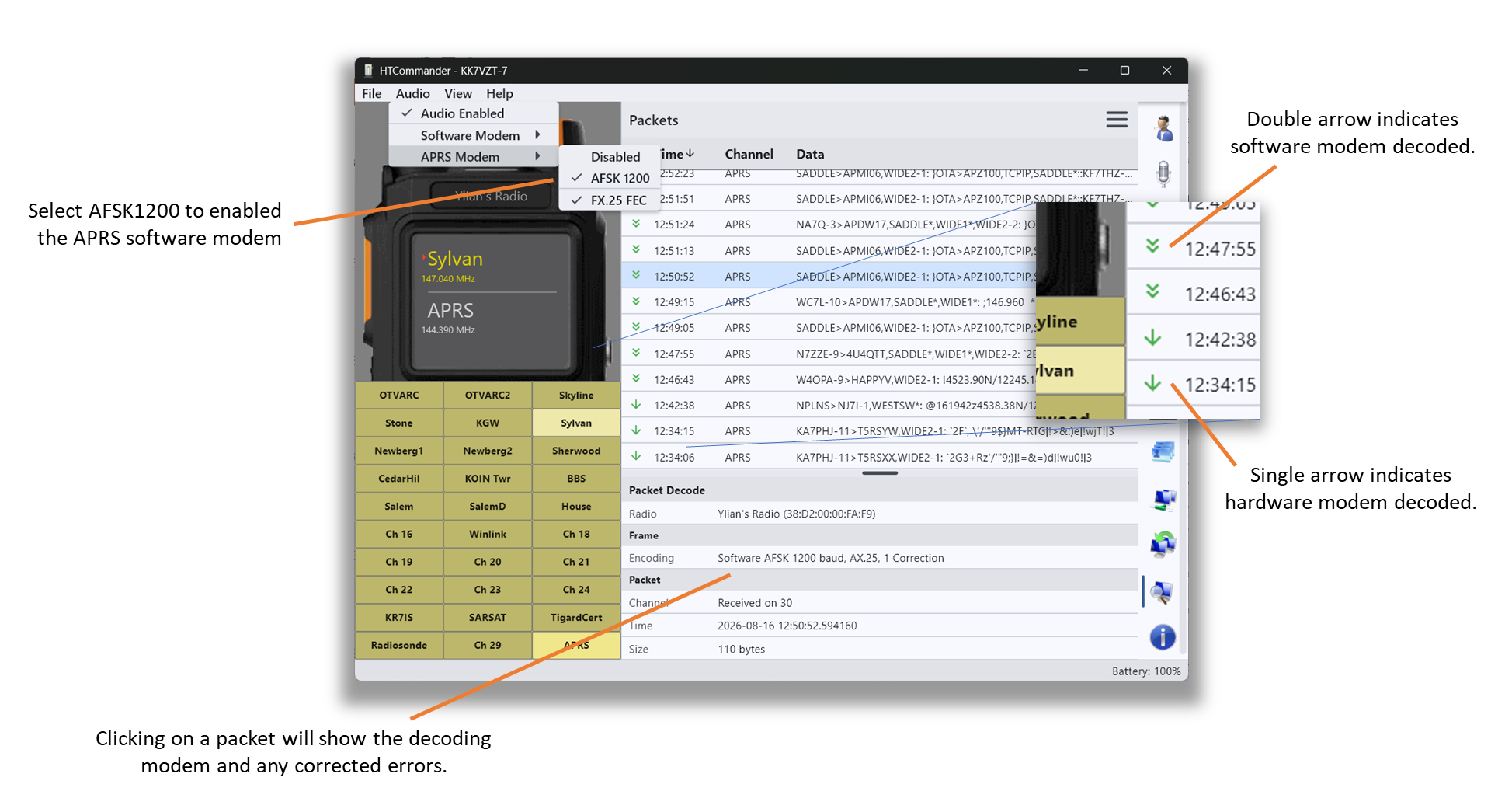 Enabling the software APRS modem from the Audio menu